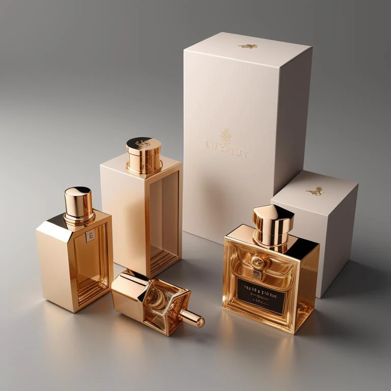 3D Packaging Design for High-End Perfume Luxury branding with a clean and sophisticated text style