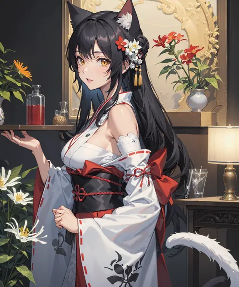 best quality, extremely detailed, masterpiece, finely detail, extremely detailed wallpaper, high resolution,(extremely detailed CG unity 8k wallpaper),(illustrations:1.3)
1girl, animal ears, long hair, black hair, cat ears, solo, yellow eyes, breasts, tail, cat tail, spider lily, weapon, japanese clothes, flower, very long hair, detached sleeves, large breasts, sword, kimono, looking at viewer, from side, wide sleeves, floral print, standing, cat girl