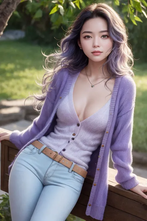masterpiece,ultra realistic,32k,extremely detailed CG unity 8k wallpaper, best quality,(summer day ),
lady ,necklace ,eardrop, The Galapagos Islands, Ecuador, ( Aquamarine Layer a silk blouse under a cashmere cardigan with skinny jeans ) , Lavender hair Loose waves ,