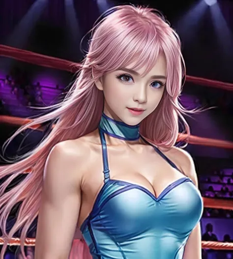 high resolution, 16K, <lora:more_details:0.4>, preparing for fighting at an arena isle, solo shot, cowboy shot, (<lora:wrestleangels_mightyyukiko:1>, wrestling outfit, blue leotard, knee pads, wristband, choker, cleavage, pink hair, long hair, symmetry purple eyes, slim face, slim waist, great joy, detailed eyes and nose)