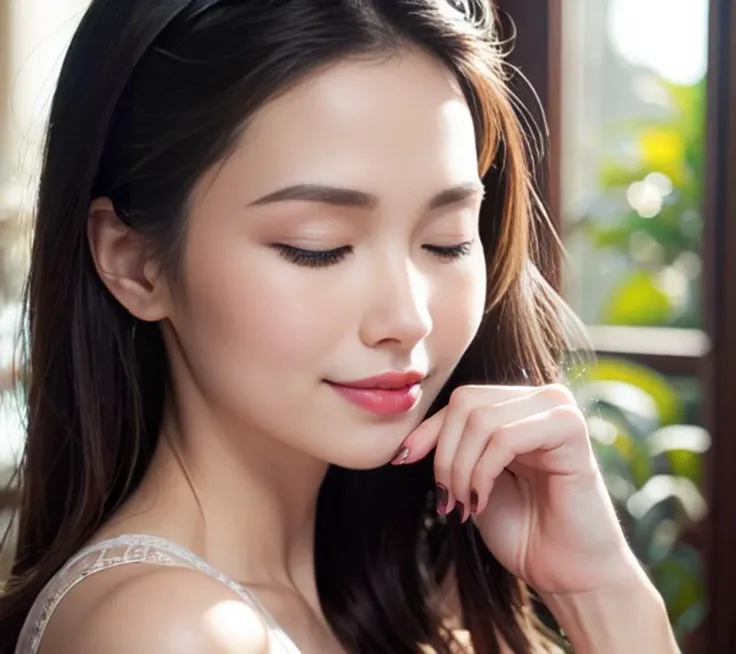 award winning color photo, 32K, (high resolution:1.23), (photo realistic:1.4), (ray tracing:1.23, refraction:1.1), (soft saturation:1.2), (fair skin:1.2), detailed background, detailed skin, detailed nose, detailed hand, (a hand touching her chin:1.3, closed eyes, (closed mouth:1.1), seductive smile, hand focused:1.3), nice hand, perfect hand, <lora:flat2:-0.23>,