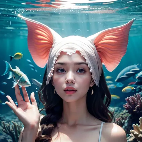 RAW color photo, (Nikon D850 DSLR Camera 85mm F/1.8, ISO 200, 1/125 shutter), (high resolution:1.2), (photo realistic:1.4), (soft saturation:1.3), (fair skin:1.2), detailed background, detailed skin, wide shot, (a creature having a fish-like face and human body covered by scales:1.3), (under the night sea water:1.1), (symmetrical eyes:1.3), nice hands, perfect hands,