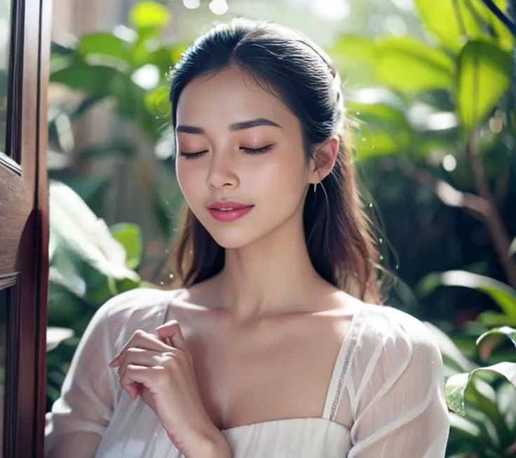 award winning color photo, 32K, (high resolution:1.23), (photo realistic:1.4), (ray tracing:1.23, refraction:1.1), (soft saturation:1.2), (fair skin:1.2), detailed background, detailed skin, detailed nose, detailed hand, (a hand playing with her chin:1.3, closed eyes, (closed mouth:1.1), seductive smile, hand focused:1.3), nice hand, perfect hand, <lora:flat2:-0.23>,