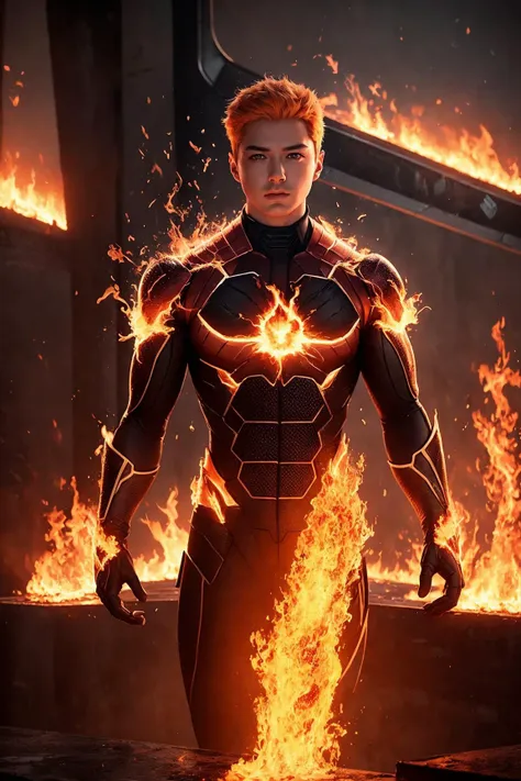 masterpiece,ultra realistic,32k,extremely detailed CG unity 8k wallpaper, best quality,
(Human Torch:1.2), (soft science fiction:1.3)