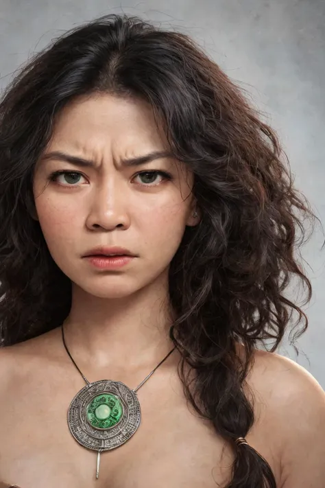 close-up photo portrait of a 40 yo samoan woman, black long curly hair, green eyes, angry face expression, necklace, simple background