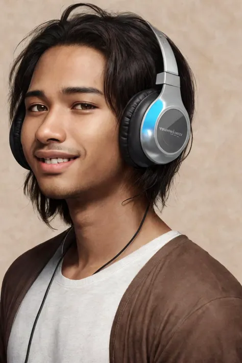 close-up photo portrait of a 25 yo young african man, black short african hair, stubble, brown eyes, excited face expression, headphones, simple background