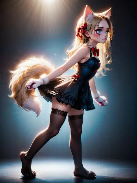 , digital art, fox ears, tail, cat paw, red bow on hair, cat girl, stockings, thighhighs, full body, fluffy tail, fox tail, (red bow on hair), (cat hind paws), female portrait, realistic 3D illustration, blue eyes, blonde hair, elegant updo, soft lighting, contemplative expression, dark background, subtle makeup, high-resolution, detailed texture, emotional depth, dramatic mood, classic black dress, side profile, serene atmosphere, cinematic lighting.