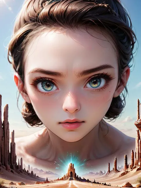 Photo-realistic tall render of a detailed close-up of a person's face, stretching from the top of the forehead to the chin, where the skin texture intricately mirrors the landscape of a grand stone monument in the desert juxtaposed against a vivid city skyline with skyscrapers displaying digital symbols. Every pore and wrinkle reflects the intricate details of both the ancient and modern world.