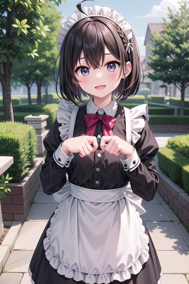 <lora:hyperdetailer_v095:0.5>
<lora:hyperrefiner_v090:0.5>
insanely detailed, absurdres, ultra-highres, ultra-detailed, best quality,
1girl, solo, nice hands, perfect hands
BREAK
(cleavage:-1.5),
(traditional maid:1.2),
apron, blush, bow, bowtie, frilled apron, frills, long sleeves, maid, maid apron, maid headdress, waist apron, white apron,
(maid costume, maid hair dress:1.3), long skirt
BREAK
happy smile, laugh, open mouth
BREAK
standing, cowboy shot, looking at viewer
BREAK
slender, kawaii, perfect symmetrical face, ultra cute girl, ultra cute face, ultra detailed eyes, ultra detailed hair, ultra cute, ultra beautiful
BREAK
fantasy world, garden of a castle, depth of field, ultra detailed background
BREAK
medium breasts
BREAK
black brown hair, black eyes, short bob cut, hair between eyes, ahoge