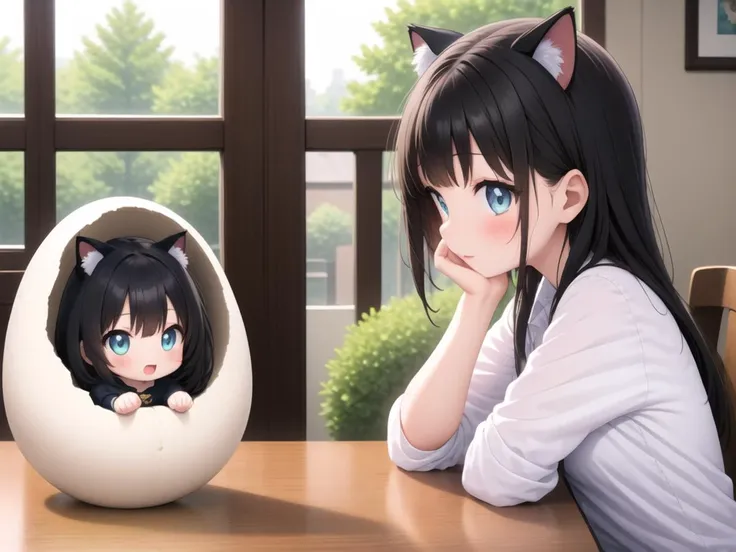 2 girls, are facing each other,  a chibi girl into giant egg on table, black cat ear, smile <lora:imprinting-000:0.5>