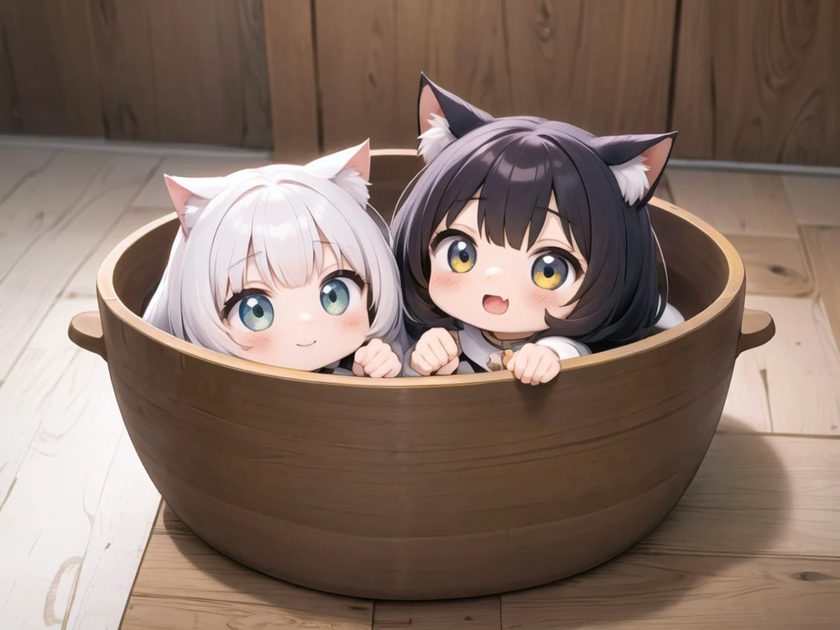 cat girls, chibi in a donabe, ã»Ïã», round pot, smile <lora:iLECO_0.7+donabe_0.7+trash can_0.5+iLECO_1_0.7 :0.5>