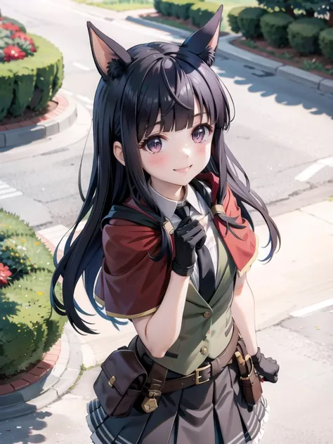 country road, 1 girl, (view from above:1.2), upper body, kasumiprcn, dog ears, black long hair, blunt bangs, red short cape on shoulder, green vest, collared shirt, necktie, black pleated skirt, gloves, belt, smile
<lora:021arteA5-5:1> <lora:KasumiPriconne:0.7>