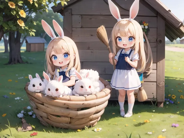 2 head body, rabbit girls, in rabbit breeding hut, holding broom, cleaning