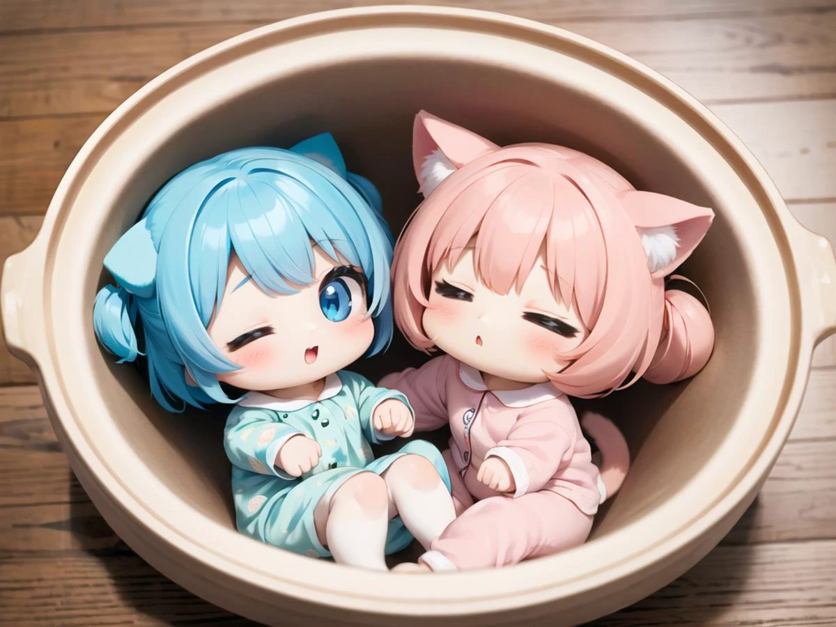 2 cat girls, chibi, into round donabe with handle, pajamas, sleep <lora:donabe-001:1>