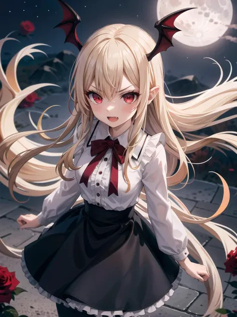 moon night outdoor, 1 girl, (view from above:1.2), upper body, focus face, Vampy, blonde long hair, red eyes, fangs, head wings, white shirt, black skirt, frills, rose on bowtie, black skirt, pantyhose, head wings, leaning forward, angry
<lora:021arteA5-5:1> <lora:VampyAllV1:0.3> <lora:Gloss_Tweaker_V2:-1>