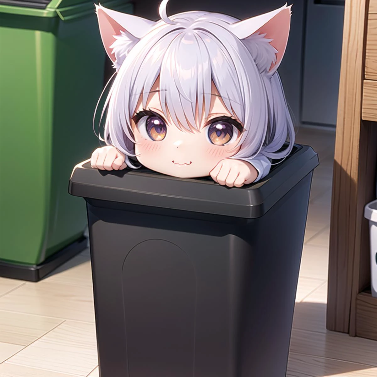 chibi, head from trash can, cat ears, hands, smile, Ï mouth <lora:trash can_0.7:1>