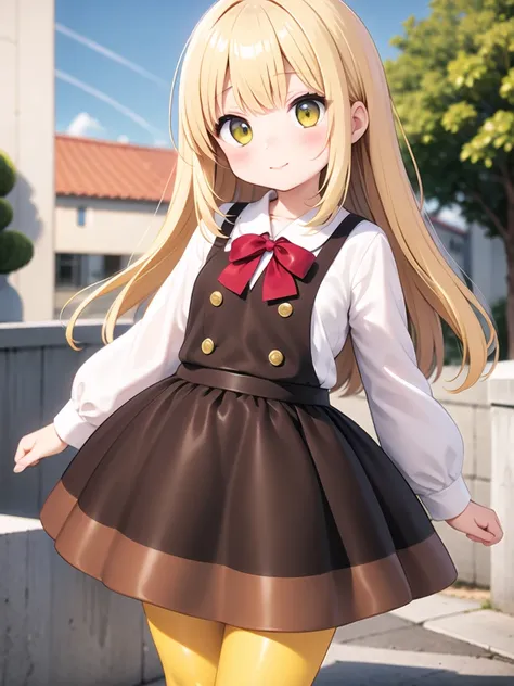a girl, holding kinoko, chocolate skirt, yellow pantyhose <lora:kinoko-001:1>