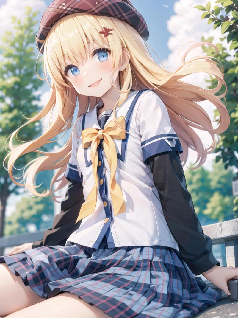 a girl, upper body, view from below, hat, plaid skirt, sitting, smile, wind, sailor shirt
<lora:xingling:0.7>