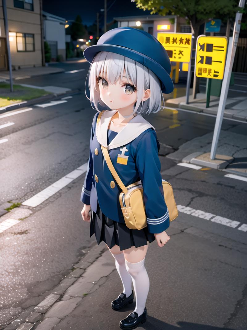 Anime girl in uniform standing on the street with a backpack - SeaArt AI