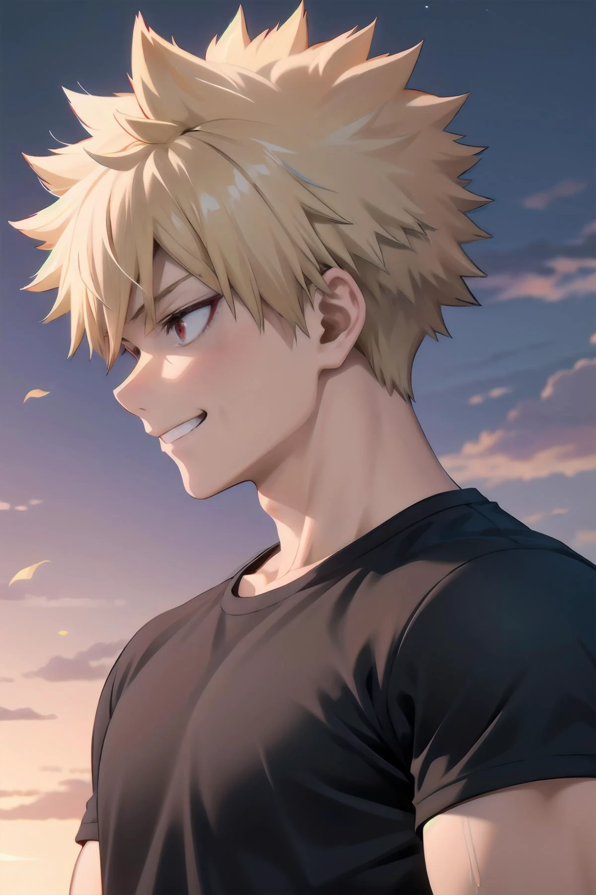 <lora:bakugo by goofy ai:1>, bakugo katsuki, red eyes, blonde hair, short hair, black shirt, broad shoulders, 1boy, solo, male focus, grinning, muscular male, from side,