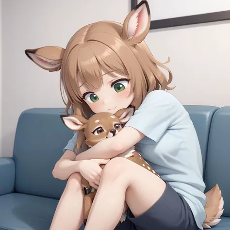 <lora:鹿:0.5> deer girl, hugging own legs, look down, on sofa