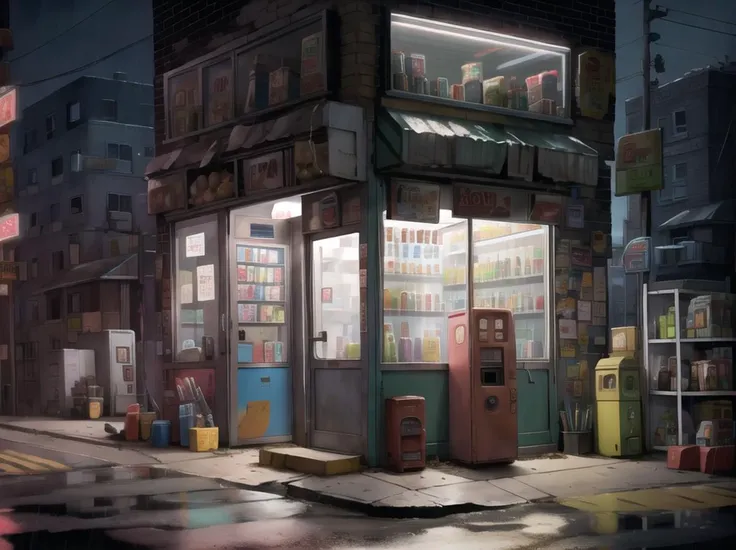 <lora:CornerStore:1> corner store, vending machine, (vibrant:1.2), organized