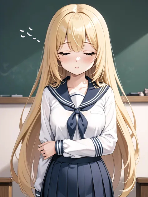1girl,blonde hair,very long hair,sleepy,student,longeyelashes,serafuku,