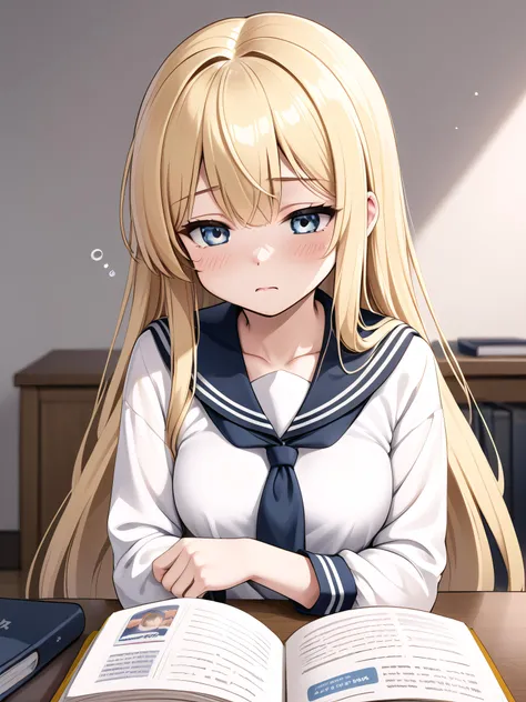 1girl,blonde hair,very long hair,sleepy,student,longeyelashes,serafuku,