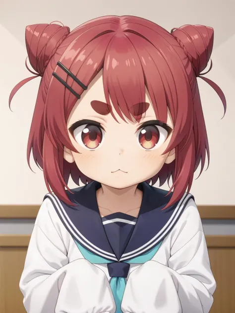 <lora:Nekoyamada_Neko:0.7> nekoyamada neko, red hair, thick eyebrows, red eyes, sharp double bun, sleeves past wrists, solo, sleeves past fingers, white shirt, hair bun, short eyebrows, school uniform, hairclip, hair ornament, blue sailor collar, cat mouth