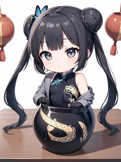 <lora:tsubo pony:1.5> chibi girl in pot, on table <lora:kisakiPDXL_scarxzys:0.5> kisaki, grey eyes, black hair, hair bun, double bun, twintails, butterfly hair ornament, china dress, black dress, sleeveless dress, dragon print, grey coat, vertical-striped coat, single off shoulder, black gloves