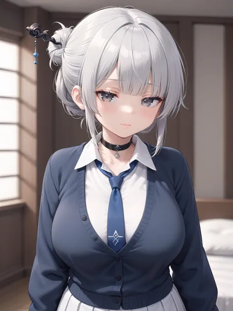 <lora:糸æ¤ä¸ããã:0.7> kaoru, grey hair, grey eyes, half closed eyes, single hair bun, hair stick, large breasts, black choker, dark-blue cardigan, blue necktie, white collared shirt, white pleated skirt