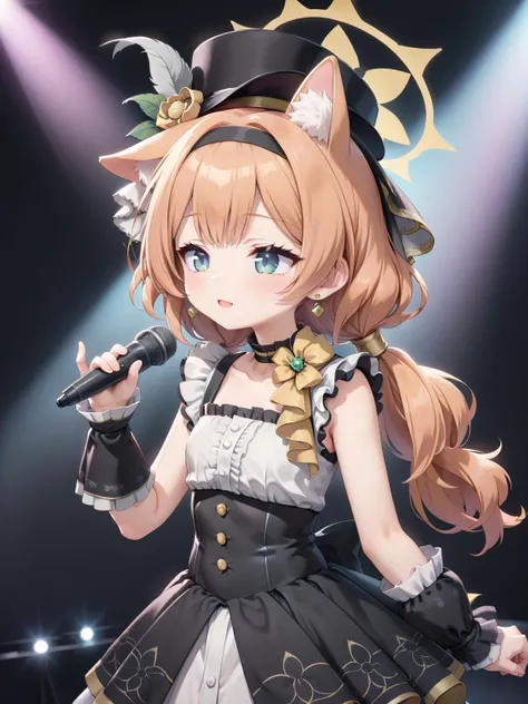 <lora:mari-idol_blue archive_PONY_last:0.7> mari-idol, mari \(blue archive\),blue eyes, orange hair, low twintails, twintails, animal ears, halo, hat, earrings, sleeveless dress, frilled dress, detached sleeves, holding microphone, on stage