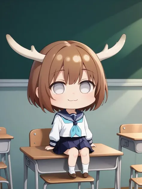 <lora:ã®ããã:1> nokotan, chibi girl, brown short hair, beige color deer horns, empty white eyes, serafuku, smile, sitting in classroom