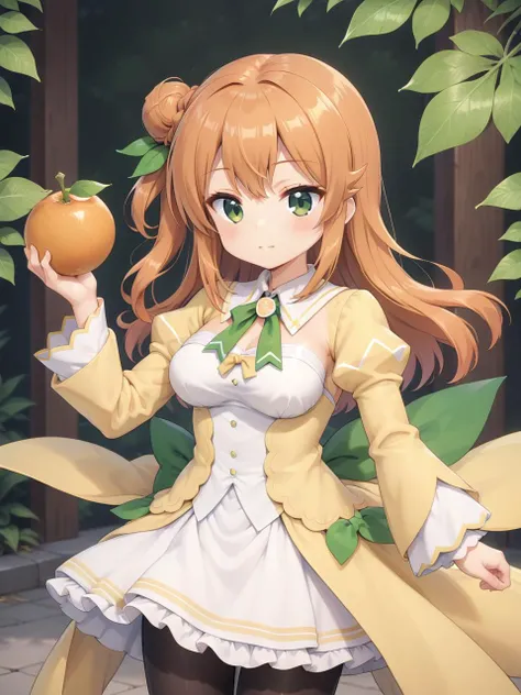 holding mandarin orange <lora:HinatsukiMikanTest1-Aesthetic:0.7> hinatsuki mikan, single hair bun, long hair, orange hair, green eyes, medium breasts, magical girl, leaf hair ornament, long sleeves, neck ribbon, yellow dress, green bow, juliet sleeves, white skirt, waist cape, miniskirt, black pantyhose,