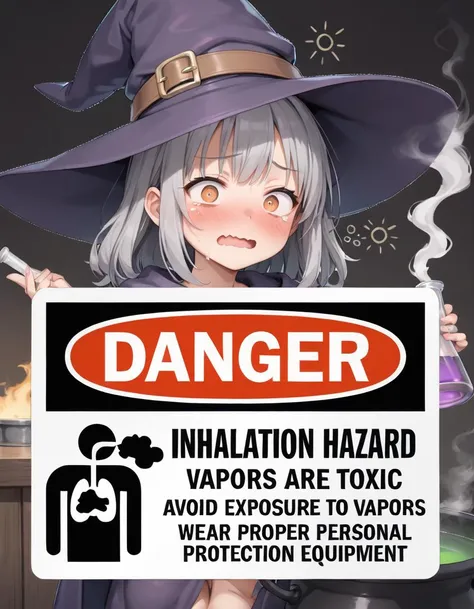 score_9, rating_explicit, source_anime, 1girl, solo, witch, medium breasts, dark purple clothes, leather shirt, purple cloak, witch hat, brown belt on hat, covered breasts, grey hair, amber eyes,
bubbling cauldron, fumes, smoke, (high on drugs:1.2), wavy mouth, swirly bubbles, (drunk:1.3), BREAK
(looking sick:1.3), shocked, worried, (about to vomit:1.2), (extremely ill), DANGER, sign