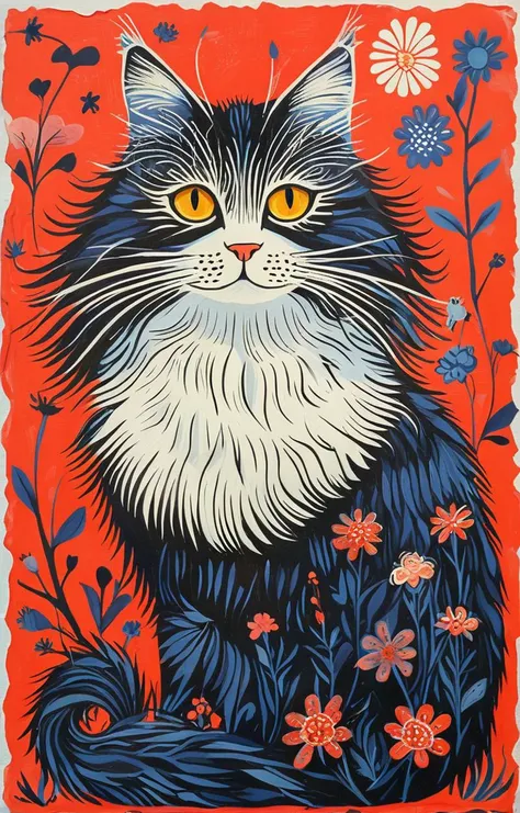 masterpiece,best quality,<lora:tbh151-sdxl:0.8>,illustration,style of Rob Ryan, cute Mainecoon cat