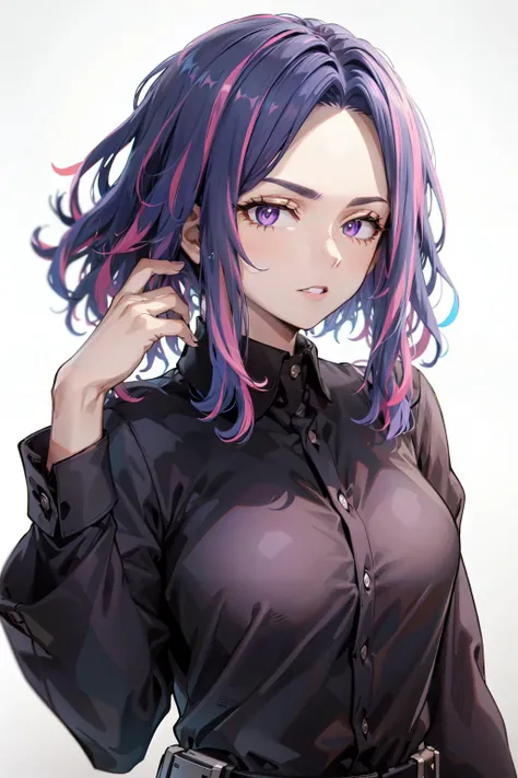 nagant(mha), purple hair, solo, purple eyes, black shirt,formal, collared shirt, long sleeves, multicolored hair, 1girl, looking at viewer, parted lips,black lipstick, gothic, streaked hair, upper body , white background,