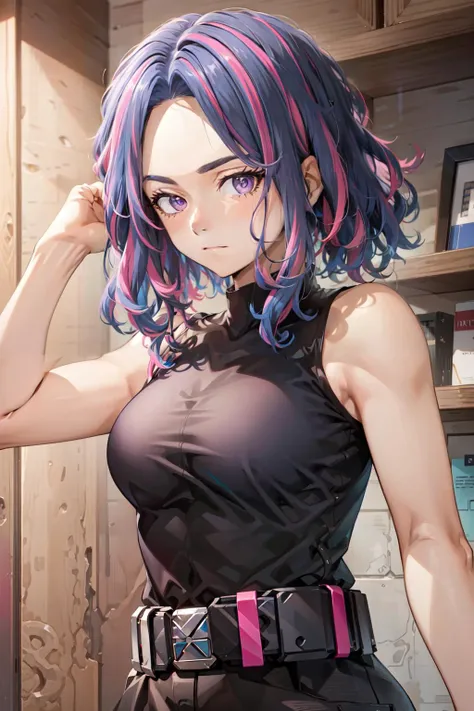 nagant(mha), 1girl, solo, breasts, multicolored hair, large breasts, pink hair, blue hair, looking at viewer, purple eyes, sleeveless, bare shoulders, upper body, shirt, closed mouth, belt, streaked hair, black shirt, bangs, short hair, sleeveless shirt, bare arms, medium hair, parted bangs