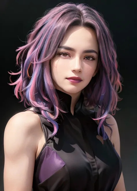 <lora:nagant-mha:0.8> nagant(mha) purple hair, solo, purple eyes, black shirt,formal, collared shirt, sleeveless, multicolored hair, 1girl, looking at viewer, parted lips,black lipstick, gothic, streaked hair, upper body , white background,, (masterpiece, best quality:1.4), (modern days), (cowboy shot), 1girl, solo, pov, sfw, stunning girlfriend, (standing:1.1), dynamic pose, heart shaped face, elegant face, beautiful face, highly detailed face, highly detailed skin, skin pores, subsurface scattering, realistic pupils, medium breast, loving smile, looking at viewer, full face blush, full lips, detailed background, depth of field, atmospheric perspective, volumetric lighting, sharp focus, absurdres, realistic proportions, good anatomy, (realistic, hyperrealistic:1.4), 16k hdr,