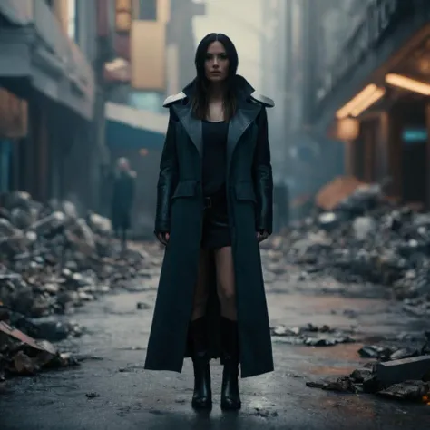 cinematic film still of  <lora:perfection style:0.1>
 <lora:detailed:0.1>
 <lora:Chiaroscuro Lighting Style:0.3>
 <lora:cyberpunk style v2:0.8>
 <lora:Cyberpunk Style:0.1>
In Cyberpunk city a woman in a long coat and boots standing in front of a bunch of debris, shallow depth of field, vignette, highly detailed, high budget, bokeh, cinemascope, moody, epic, gorgeous, film grain, grainy