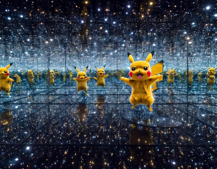 <lora:ykif:0.8>ykif alien pikachu with its mouth open ecstatic expression in an infinity room surrounded by mirrors on all sides