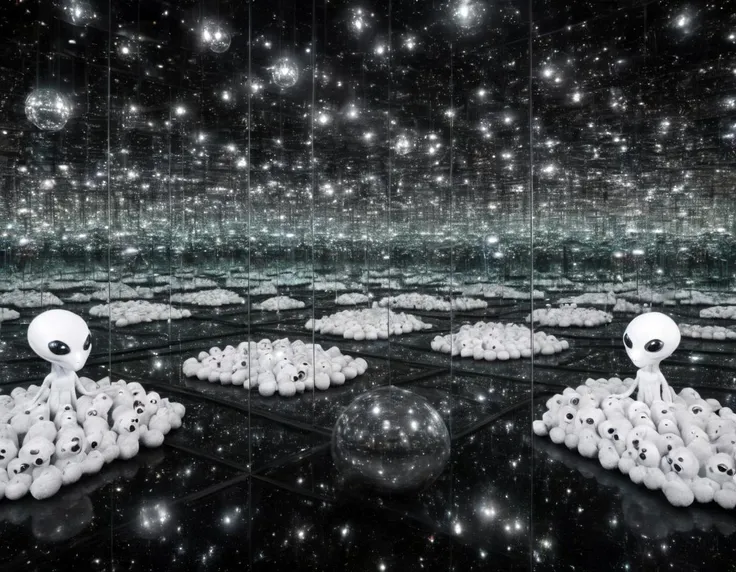 <lora:ykif:0.8>ykif weird alien plush toys on the ground in an infinity room surrounded by mirrors on all sides