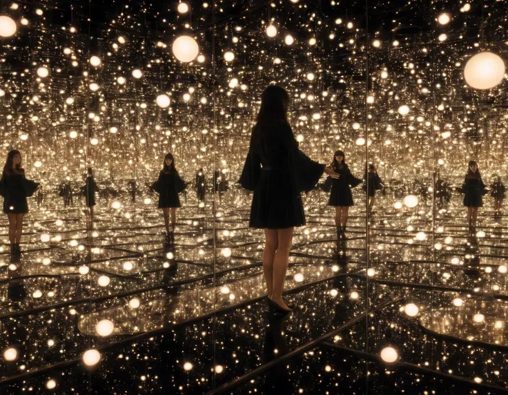 girl infinity room surrounded by mirrors on all sides