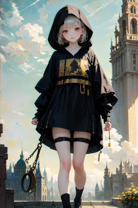 (best quality:1.2), oversized hood, hooded cloak, hood up, (a black cloak decorated with gold, golden ornament:1.2), (white hair), yellow eyes, black short shorts, black shoes, thigh strap, expressionless, solo, eyelashes, eyeliner, (flat chest:1.2), (lustrous skin, glossy skin), (Gold Embroidery, intricate detail:1.1), techwear, <lora:urbanSamuraiClothing_urbansamuraiV03:0.5>, (city:1.2), (cityscape:1.2), <lora:oilPaintingStyleLora_viscuit12:1>, (oil painting:1.2),