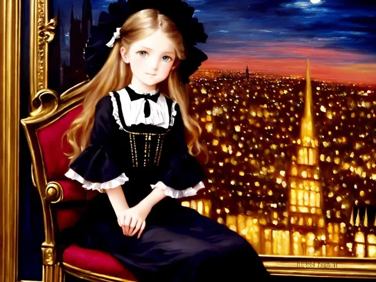 Oil Painting, Victorian (preteen:1.1) cute 1girl, [(petite body:1.1):(huge breasts:1.0):0.2], gothic dress, pov, evocative pose, blonde long hair, sitting on chair, (INTRICATE, HIGH DETAIL, SHARP:1.1)
, city lights
<lora:1girl_Viscuit10:1>