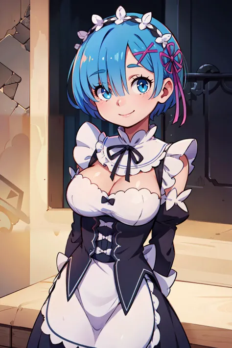 (masterpiece), best quality, high resolution, highly detailed, perfect lighting, hands behind back, , aarem, short hair, maid headdress, x hair ornament, hair ribbon, hair over one eye, large breasts, frills, neck ribbon, cleavage, dress, detached sleeves, white apron, waist apron, white pantyhose, <lora:rem_v1:0.8>, , , upper body , solo, smiling, looking at viewer,, BREAK, hip to the side, contrapposto, cowboy shot,