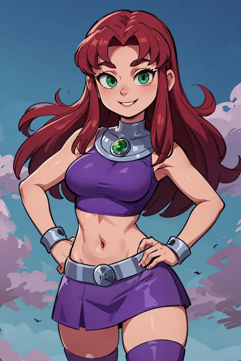 masterpiece, best quality, highres, sf1, midriff, purple skirt, crop top, purple thighhighs, bare shoulders, belt, <lora:starfire_v1:0.6>, cowboy shot, hand on hip, smile, dynamic pose,