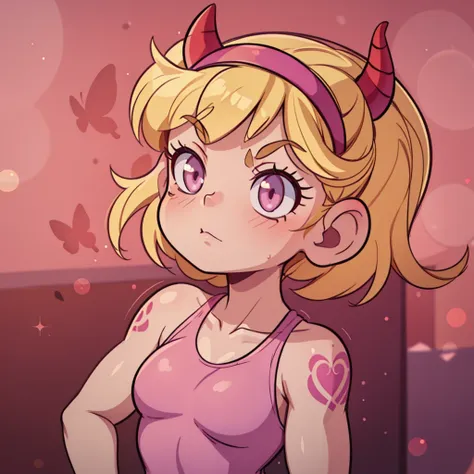 40yo star butterfly, Muscular body, (nsfw:0.1), posing, red horn hairband, red hearts in cheeks, (butterfly tattoos:1.05), glowing Mauve lace gym outfit, blonde hair (bokeh effect:1.2). time-traveling historical mystery, temporal anomalies, historical enigmas, adventure through time <lora:StarButterfly_v1.1:0.45>  <lora:nsfw0.3.6:0.9>