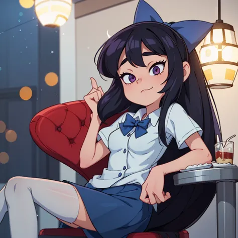 18yo stacy_hirano, black_hair, long hair, blue_bow, white_legwear, Apple-shaped body, (nsfw:0.9), posing, light Red long office outfit, (bokeh effect:1.2). restaurant dinner date, romantic evening, culinary delights, intimate setting  <lora:nsfw0.3.6:0.9>  <lora:stacy_hirano_v1:0.65>