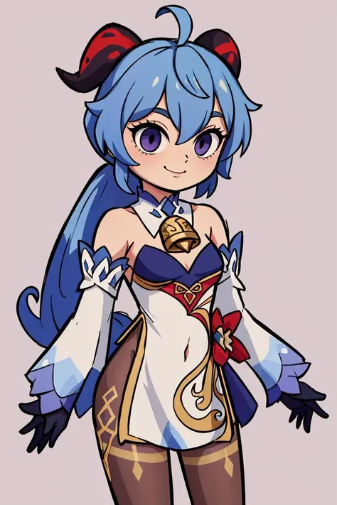 <lora:Style_of_the_Winds:0.8>, , ((masterpiece,best quality)), absurdres, <lora:ganyu_v1:0.7>, aaganyu, long hair, low ponytail, ahoge, horns, bare shoulders, neck bell, bodystocking, white dress, gold trim, flower knot, detached sleeves, black gloves, pelvic curtain, thighlet, pantyhose, cowboy shot, smile,